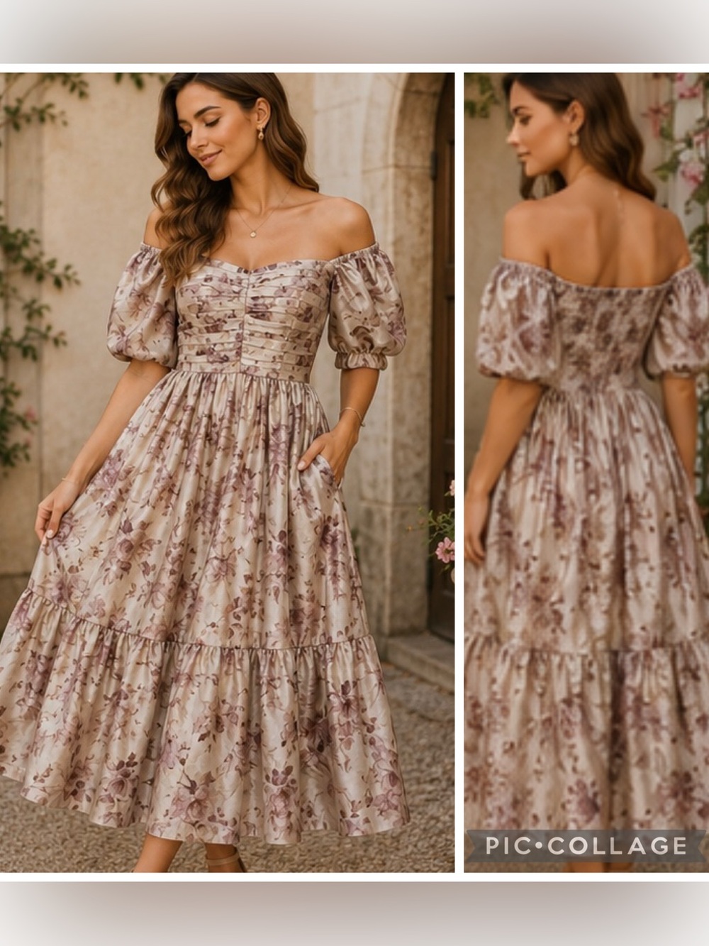 Sofie the Label Cottagecore Floral Puff Sleeve Midi Dress Tiered Skirt W pockets